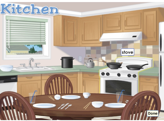 A screen shot of a vocabulary kitchen game from ABCmouse.com. 